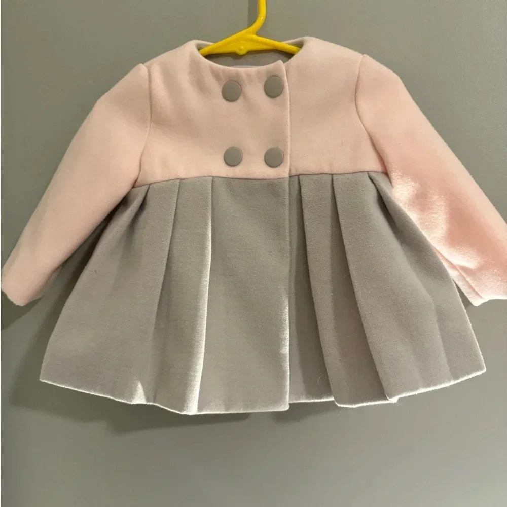 Baby Tahari Pink and Gray Pea Coat with Pleated Design